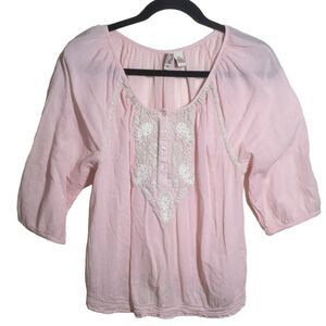Mudd Embroidered Beaded Blouse Pink XL 3/4 Sleeve Scoop Neck Cotton Top